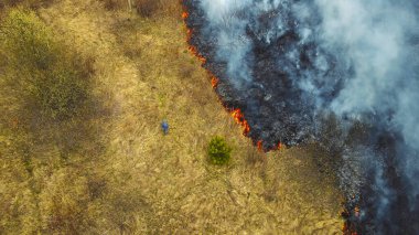 Aerial view of a wildfire spreading in a grassy field. An aerial shot capturing a wildfire spreading across a dry grassy field clipart