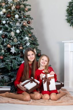 Noel ağacının yanında hediyelerle oturan rahibeler. Kırmızı kazaklı iki kız kardeş ellerinde hediyelerle güzel dekore edilmiş bir Noel ağacının yanında rahat bir halının üzerinde oturuyorlar.