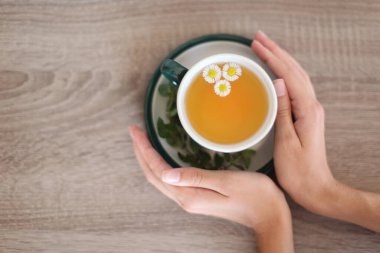 Chamomile tea and female hands warming from the mug, close-up clipart