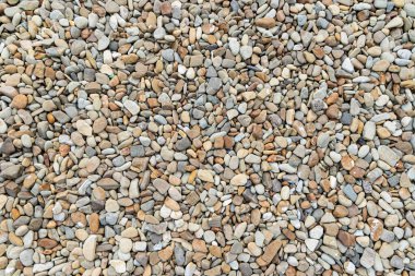 Çakıl Taşları 'nın arka planı. Küçük çakıl taşlarından oluşan bir kolleksiyonun detaylı bir genel çekimi eşit bir şekilde yayılarak doğal ve dokulu bir arka plan oluşturur.
