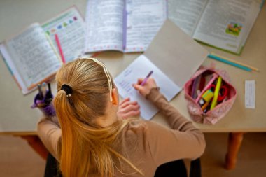 Masada ödev yazan liseli kız ödevlerini yapan bir kız etrafta kitaplar ve kırtasiye kağıtları olan bir deftere notlar yazan bir kız. Üst görünüm