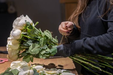Çiçek buketi hazırlayan bir çiçekçi. Çiçekçinin bir buket taze beyaz gülü iple bağladığı yakın plan. Çalışma alanı çiçek budama ve makas içerir.