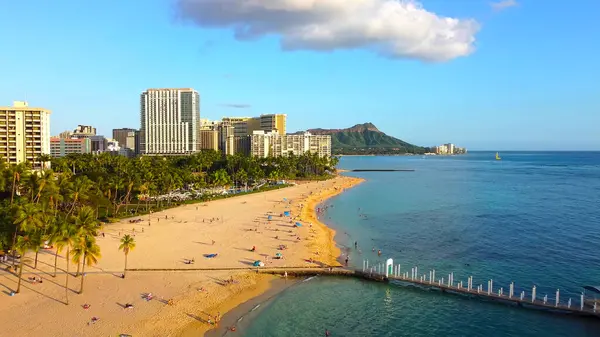 Waikiki Sahili ve Diamond Head 'in altın saatinde. Palmiye ağaçlarıyla Waikiki Sahili 'nin havadan görünüşü, kumlu sahildeki insanlar, mavi okyanus suları, şehir binaları, ve arka planda Diamond Head krateri.