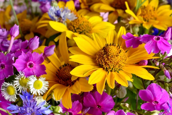 Strauß Verschiedener Heller Sommerblumen Blumiger Hintergrund — Stockfoto