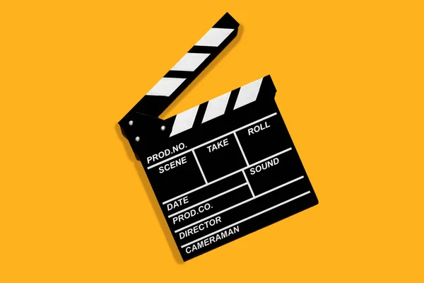 Clapperboard Para Filmar Imagens Vídeo Assume Fundo Laranja — Fotografia de Stock