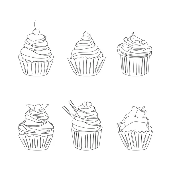 Conjunto Diferentes Cupcakes Contorno Deliciosa Dulce Comida Para Celebraciones Esbozo — Archivo Imágenes Vectoriales