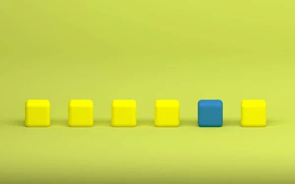 抽象3Dレンダリング 幾何学的組成 黄色と青のキューブと黄色の背景デザイン 青いブロックは黄色の背景の黄色のボックスから際立っています 3Dレンダリング — ストック写真