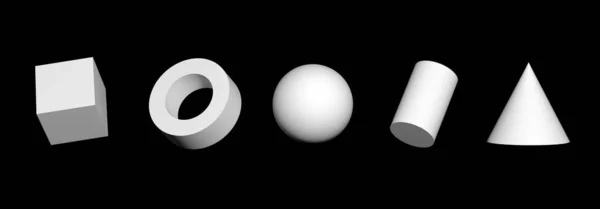 3D形状のセット 3Dは灰色の背景に孤立した白い幾何学的形状をレンダリングします 現実的なプリミティブ 幾何学的要素 キューブ チューブ ボール シリンダー コーン 黒い背景に影のある白い物体 — ストック写真