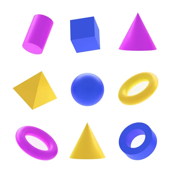 基本的な形のセット 3Dは白に隔離された白い幾何学的形状をレンダリングします 幾何学的要素 学校や教育のための紫色の数字の基本的なコレクション カラフルなモダンコンセプト — ストック写真