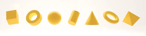 基本的な形のセット 3Dは白で隔離された黄色の幾何学的形状をレンダリングします 幾何学的要素 学校や教育のための数字の基本的なコレクション 現実的な3次元の黄色のベース形状 単色幾何学的形状 3Dイラスト — ストック写真