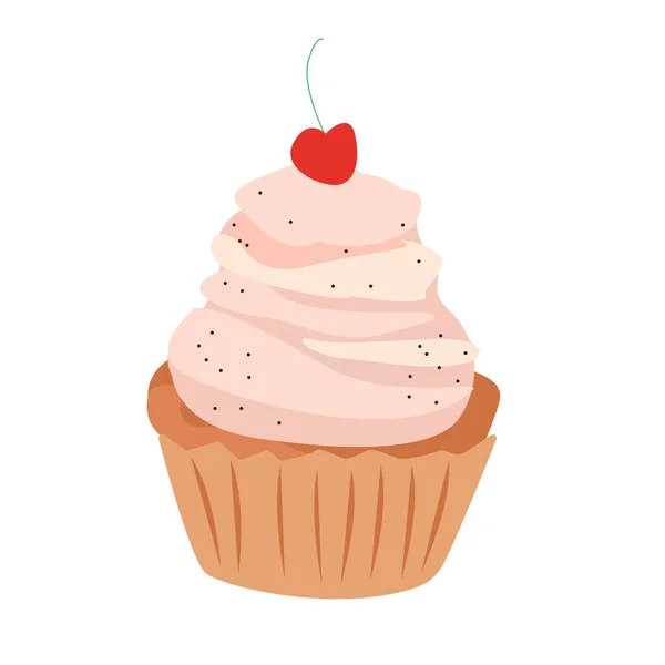 Cupcake Cherry Vector Flat Illustration Muffin Whipped Cream Cartoon Style — Stock Vector