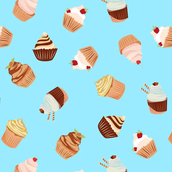 Cupcakes Padrão Sem Costura Fundo Azul Textura Para Tecido Embrulho —  Vetores de Stock