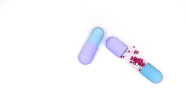 カラフルな球状薬物粒子を内部に閉じ 開いた医療用錠剤カプセル 3Dレンダリング図です 現実的な色の薬 医薬品と医療 抗生物質またはビタミン錠 — ストック写真