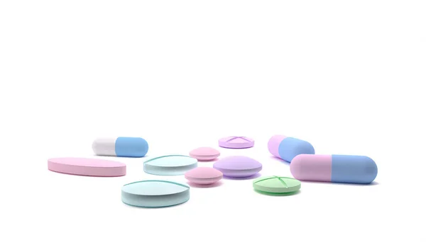 Comprimidos Multicoloridos Comprimidos Isolados Branco Antecedentes Médicos Saúde Conceito Medicina — Fotografia de Stock