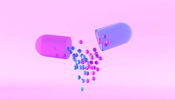 現実的な医療用カプセル薬を開いた 3D医薬品だ ピンクの背景に落ちる3Dレンダリングカプセル — ストック写真