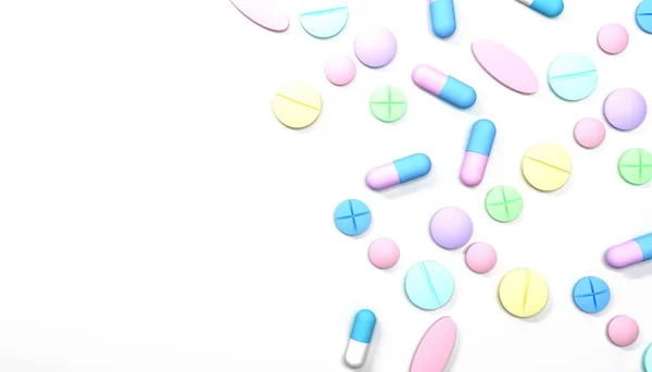 Meerkleurige Pillen Tabletten Geïsoleerd Wit Medische Achtergrond Top View Gezondheidszorg — Stockfoto