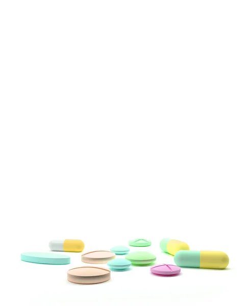 Pillole Multicolori Compresse Isolate Bianco Contesto Medico Vista Frontale Assistenza — Foto Stock