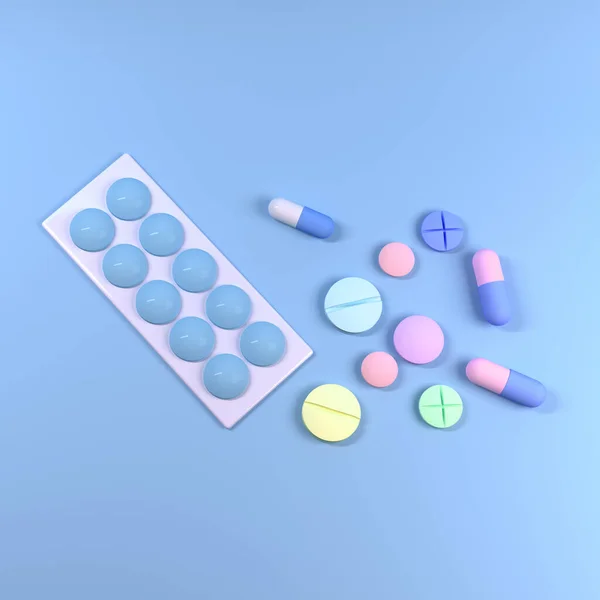 Kolorowe Tabletki Tabletki Kapsułki Blistry Apteki Medycyny Strzykawką Niebieska Przeszłość — Zdjęcie stockowe