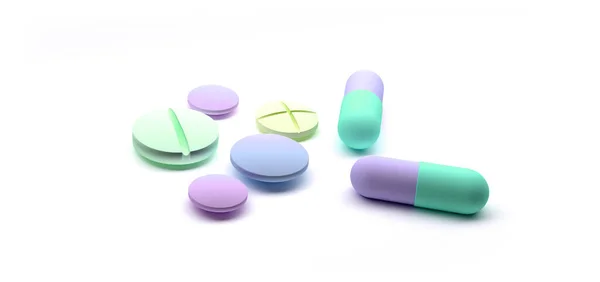 Sortiment Farmaceutické Medicíny Pilulky Tablety Tobolky Bílém Pozadí Sada Pilulek — Stock fotografie