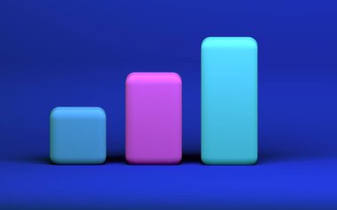 İzole edilmiş mavi arkaplanda 3 boyutlu büyüme çubuğu grafiği. Piyasa yatırımları ticareti, döviz illüstrasyonu, ticaret grafiği, basit, finansal, indeks, renkli, forks. 3d render grafiği.