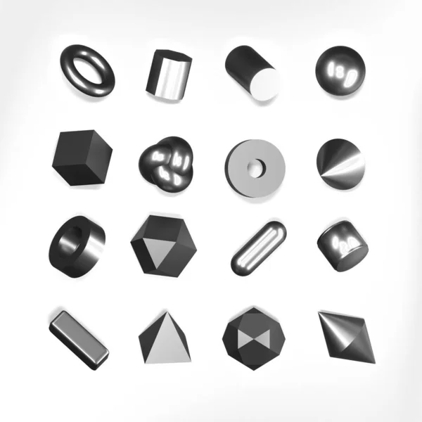 3D渲染银质几何形状的物体设置在白色背景上 金属铬光泽的现实原生物 金字塔 有阴影的圆环 时尚设计的抽象装饰 — 图库照片