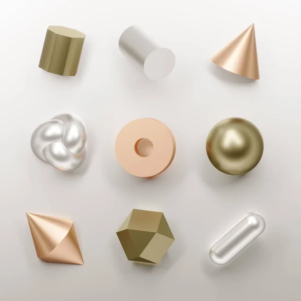Sada Abstraktních Minimálních Geometrických Tvarů Různými Materiály Geometrické Tvary Stříbra — Stock fotografie
