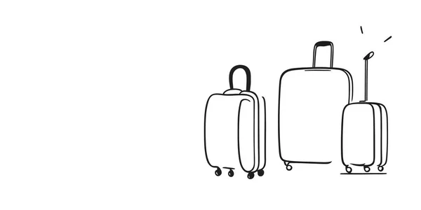 旅行スーツケースで連続線画スタイル ホイールと格納式ハンドルブラックラインスケッチと荷物の妥当性白の背景 ドアスタイルでの旅行のためのベクトルイラストスーツケース — ストックベクタ