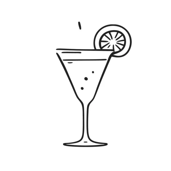 Limonlu Martini kokteyli. Simge. Martini ya da mojito bardağıyla bir dilim limon. Kokteyl camı, karalama tarzı. Satır sanatı.