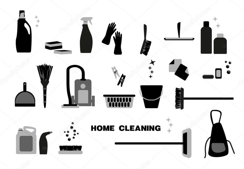Tools for cleaning set icons concept in flat cartoon design. Tools and instruments for quick and high quality cleaning. Vector illustration. House cleaner equipment icons set. Simple set of house cleaner equipment.