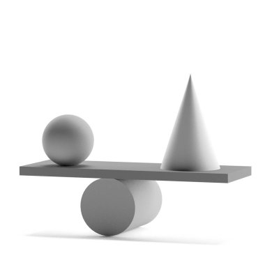 Geometrik şekillerin dengesinin 3 boyutlu görselleştirilmesi. Soyut geometri arka planı. Modern tasarım.