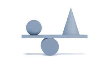 Geometrik şekillerin dengesinin beyaz arkaplandaki 3 boyutlu yansıması. Denge. Modern tasarım.