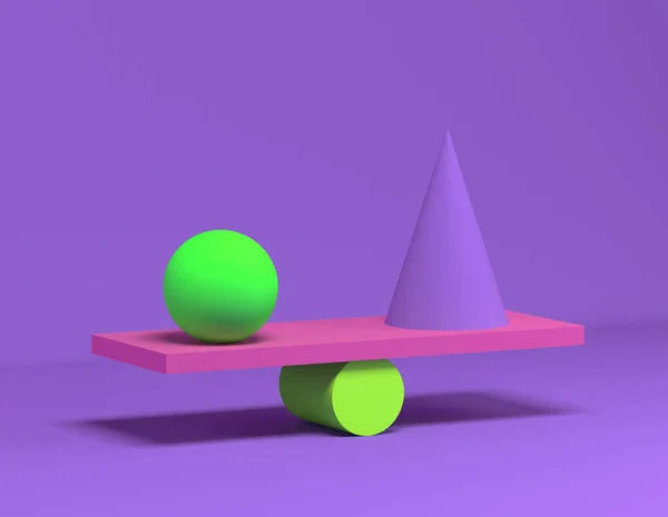 3D渲染平衡几何形状 薰衣草背景 几何安装 锥形和圆柱形 霓虹灯明亮的颜色 — 图库照片