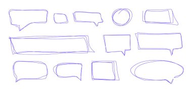 Konuşma bulutları beyaz arkaplanda izole edildi. Vektör ayarlandı. Karalama tarzında çiz. Sohbet bulutları katıksız mavi çizgidir ve çeşitli geometrik şekillerde gelir. Çevirmen, dil ve iletişim için simgeler.