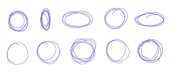 手描きの楕円は 連続したラインで円 ドードルコレクション 渦巻くライン楕円形 丸い形状 白い背景にある青い絵のセット — ストックベクタ