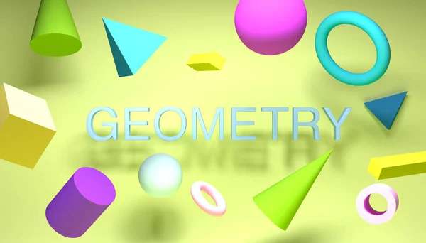 3Dレンダリング 抽象的な背景 落下する幾何学的な原始的な形状 3D飛行形状のジオメトリセット 飛行幾何学的な形をした3Dレンダリングの背景 重力コンセプト — ストック写真