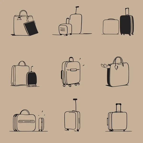 ラインアートのスタイルのスーツケースのコレクション 荷物アイコンセット 編集可能なストロークアイコン ベクトルイラスト — ストックベクタ