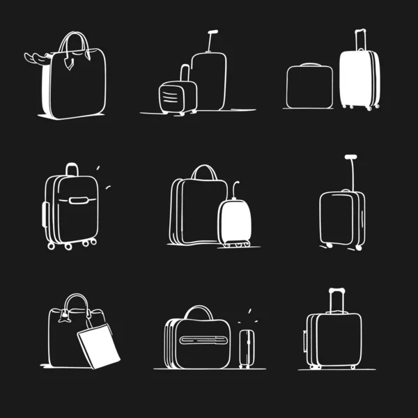 黒い背景の旅行スーツケースとバッグのセット ステッカーのベクトルイラスト — ストックベクタ