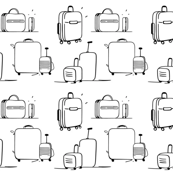 Reistassen Naadloos Patroon Zwart Witte Achtergrond Met Koffers Doorlopende Lijn — Stockvector