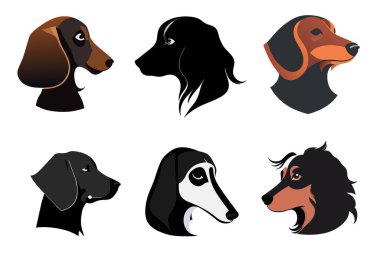 Köpek vektör simgesi. Hazır ol. Zarif köpek kafası manzarası. Logo ve çıkartma tasarımı. İkonlar ve çıkartmalar için farklı köpek portreleri.