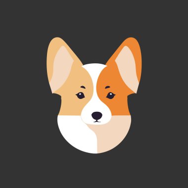Galler Corgi ikonu. Siyah arka planda şirin bir köpek yavrusu. Köpek vektör simgesi. Hayvan logosu tasarım şablonu. Çıkartma tasarımı.