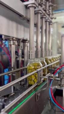 Cam kavanozlardaki zeytinler üretim hattında ilerliyor. Konserve zeytin üretim fabrikası. Yeşil zeytinli cam kavanozlar konserve fabrikasındaki otomatik taşıma hattı ya da şerit boyunca hareket ederler. Taşıyıcı
