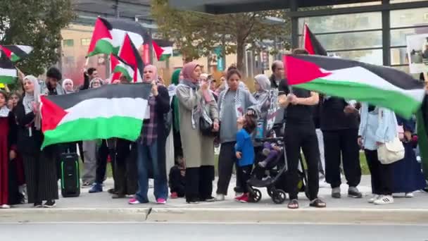 전쟁에 팔레스타인의 평화로운 팔레스타인의 깃발을 온타리오의 거리에 사람들 10월 2023 — 비디오