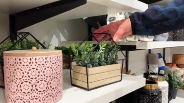 Saksı saksısı. İç mimari için suni saksılarda yapay bitkiler. Alışveriş konsepti. Dekorasyon bölümündeki kadın dekoratif ahşap ekiciyi inceliyor. Eller kapalı, bulanık.