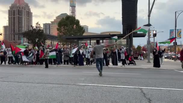 2023年10月28日 カナダ オンタリオ州ミッサガでのガザ地区戦争に対するパレスチナ人集会でパレスチナ国旗を掲げた男 戦争に対する平和的抗議 — ストック動画