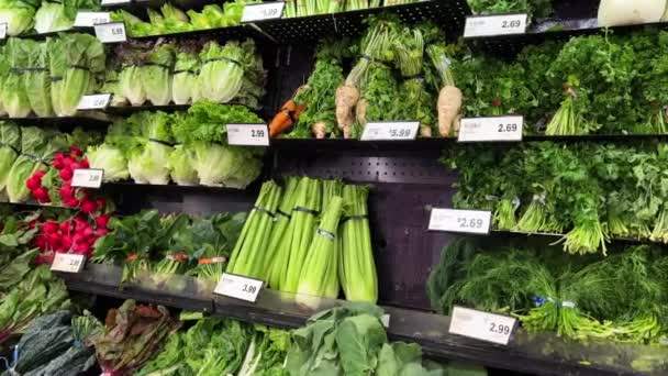 Verts Frais Supermarché Faire Shopping Aliments Biologiques Ferme Vitrine Aux — Video