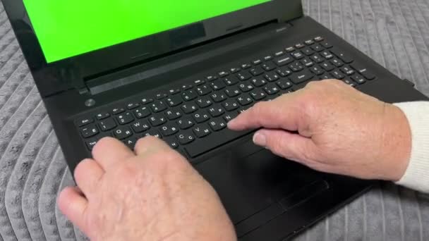 年金受給者はラップトップで働くことを学ぶ グリーンスクリーンビデオ 緑色のスクリーンのクロマティック キーボードが付いているラップトップおよび女性の手をプルダウンして下さい 成熟した女性の手はゆっくりとキーボードにテキストを入力します おばあちゃんが書いている — ストック動画