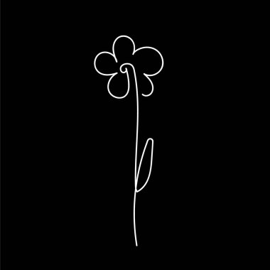 Çiçek hatları. Siyah arka plan. Katı çizgi karalama çiçek sembolü. Minimalizm. Boyama, yazdırma için çizim. Vektör.