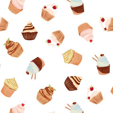Keklerle kusursuz desen. Vektör çizimi. Duvar kâğıdı, kumaş, hatıra defteri, ambalaj ve tekstil için tatlı kekler ile desen.