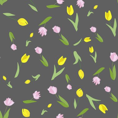 Baskı ve kumaşlar için biçimlendirilmiş lale çiçeklerinin kusursuz desenleri. Çiçekler gri arka planda kaotik bir şekilde düzenlenir. Tekrarlanan bahar çiçekleriyle desen.