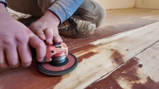 Hands Craftsman Sanding Power Tool Diy Wooden Parquet Floor Reconstruction — Stock Video